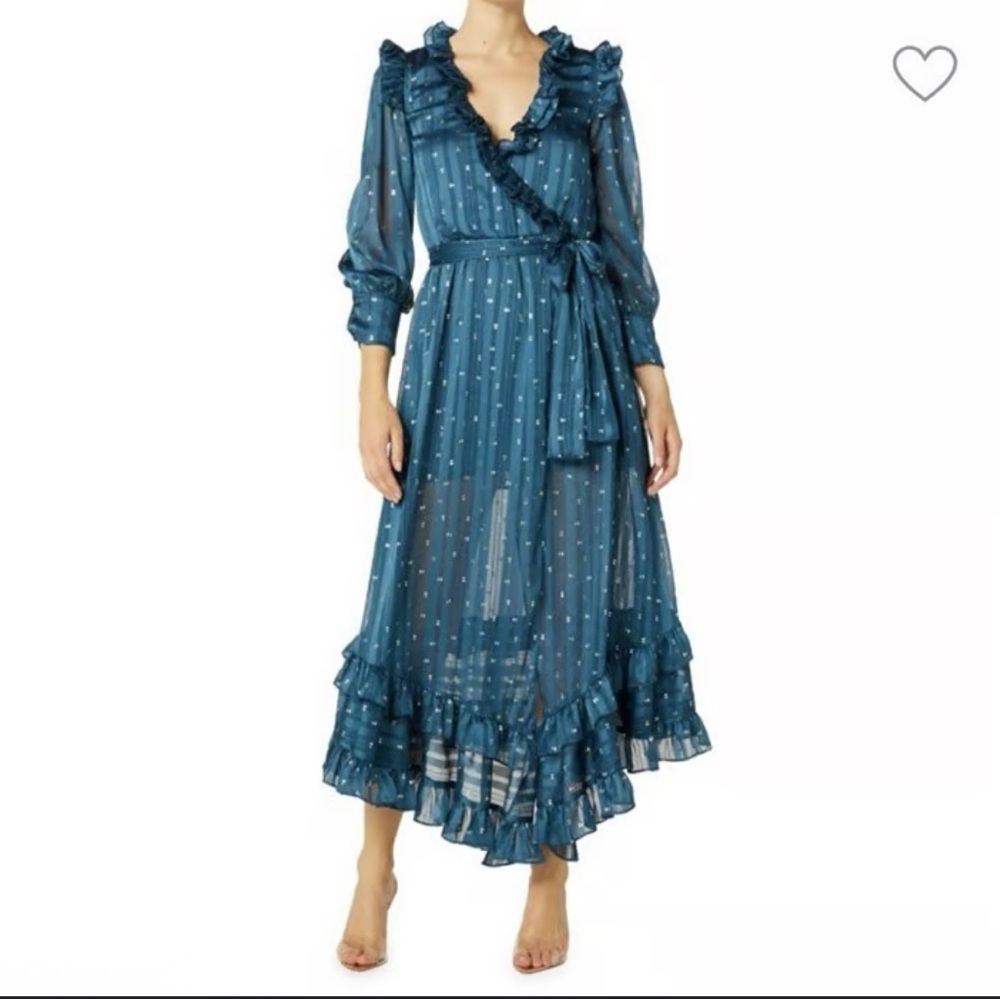 Misa Los Angeles Gabrielle side tie,Teal Ruffle Long Sleeve Dress Medium